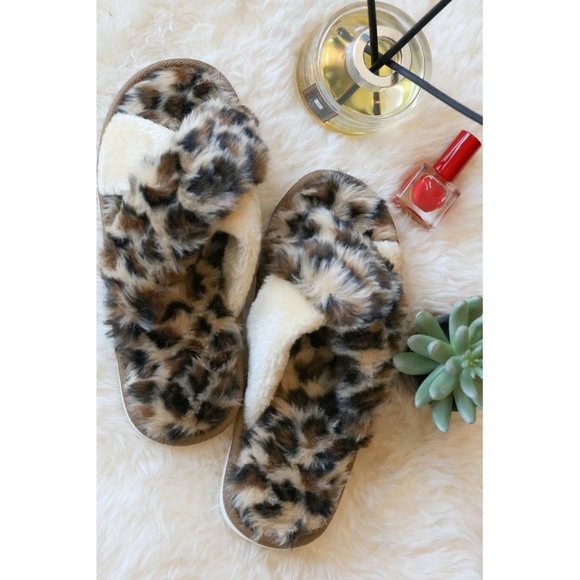 Fur Leopard Slippers Brown & Tan - Picture 9 of 10